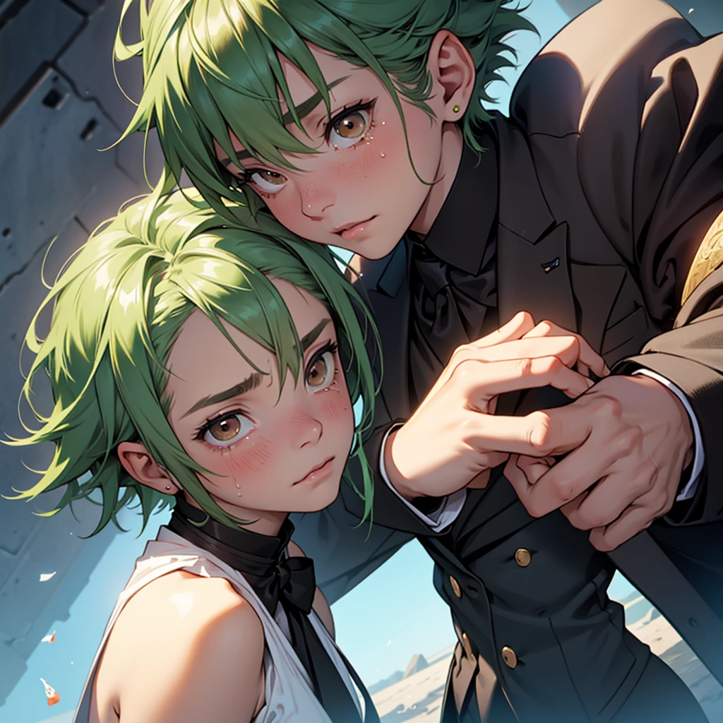 A  , a female, woman, feminine, a girl, a girl, , fragile body, guilty face, worried face, crying face, small and fragile body, small green hair, short hair, brown eyes, medieval epoch, wearing a suit, black suit, tuxedo, wearing a black tuxedo, medieval background, Ultra HD 4k, 4k, Ultra HD