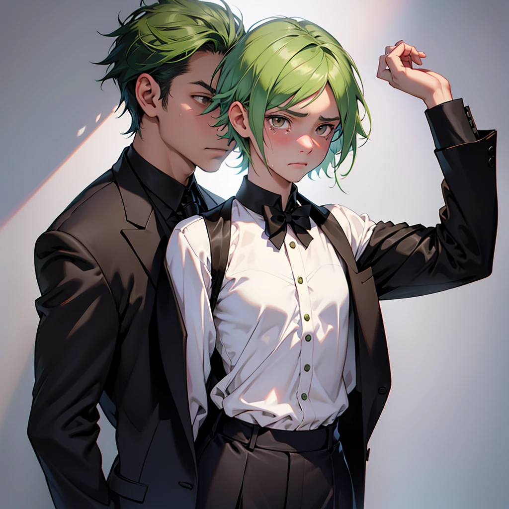 A 13 year old , a female, woman, feminine, a girl, a girl, , fragile body, guilty face, worried face, crying face, small and fragile body, small green hair, short hair, brown eyes, medieval epoch, wearing a suit, black suit, tuxedo, wearing a black tuxedo, medieval background, Ultra HD 4k, 4k, Ultra HD