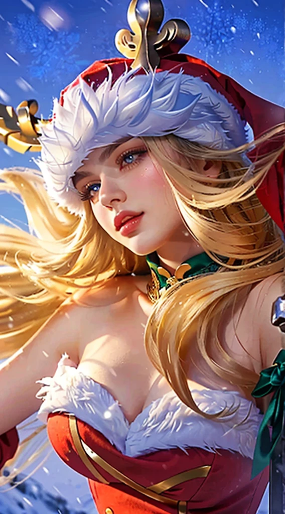a close up of a woman in a santa hat holding a sword, detailed face, detailed eyes, detailed lips, long eyelashes, beautiful woman, elegant, graceful, detailed jewelry, ornate sword, winter background, snow, snowflakes, warm lighting, cinematic, photorealistic, highly detailed, 8k, best quality, masterpiece
