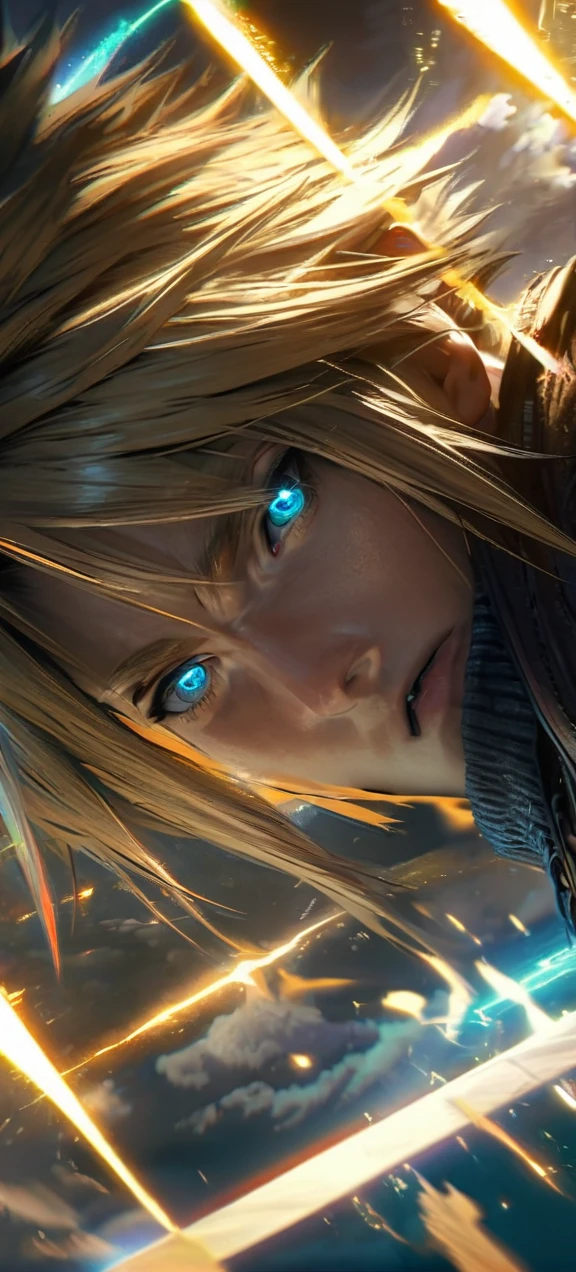 Symetrical,absurdres, highres, ultra detailed, HDR, masterpiece, extremely detailed face and eyes, Cloud Strife,final fantasy 7, yellow hair , , solo, man, handsome, ,, , Epic fight scene, yellow lightning effect, glowing glitters