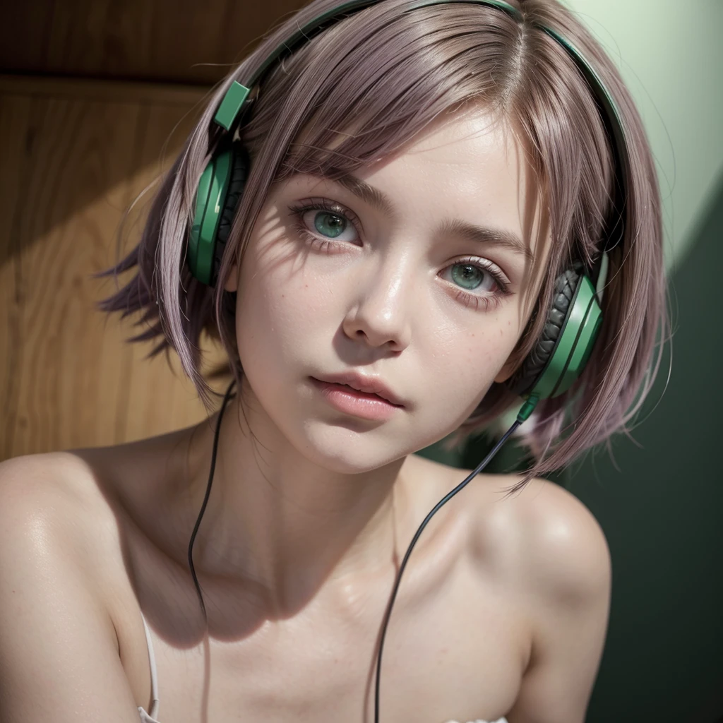 a girl with short hair, fringe,brown hair and lilac locks, White skin, green eyes, sitting in a voice recording studio with headphones