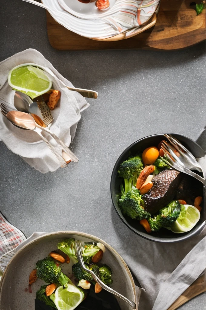 Head-up view,Modern kitchen tabletop,Posing for photos,food photography,Clean dishes,、