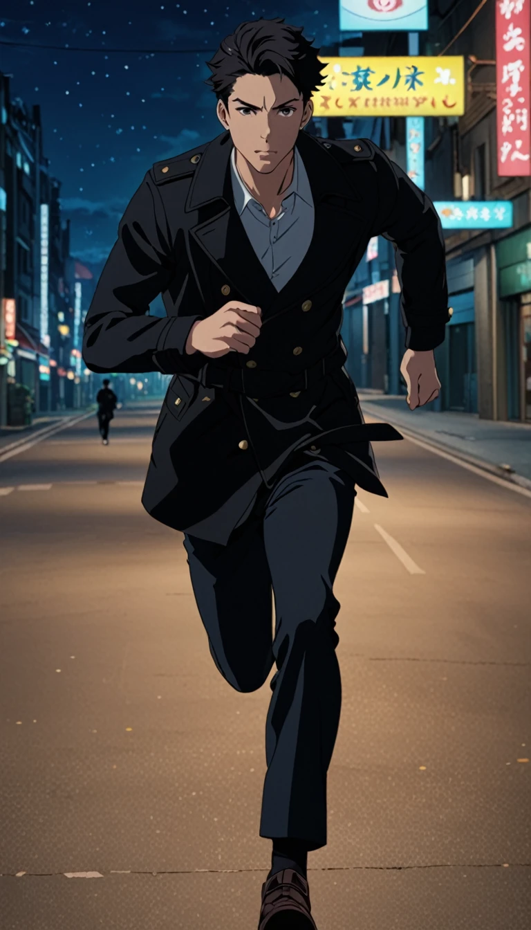 A closeup of a 29 year old man, Black Trench Coat, looking at the viewer, (Alone), running, full body shot, on a night street in the background, anime screencap, Masterpiece, The best quality, high detail