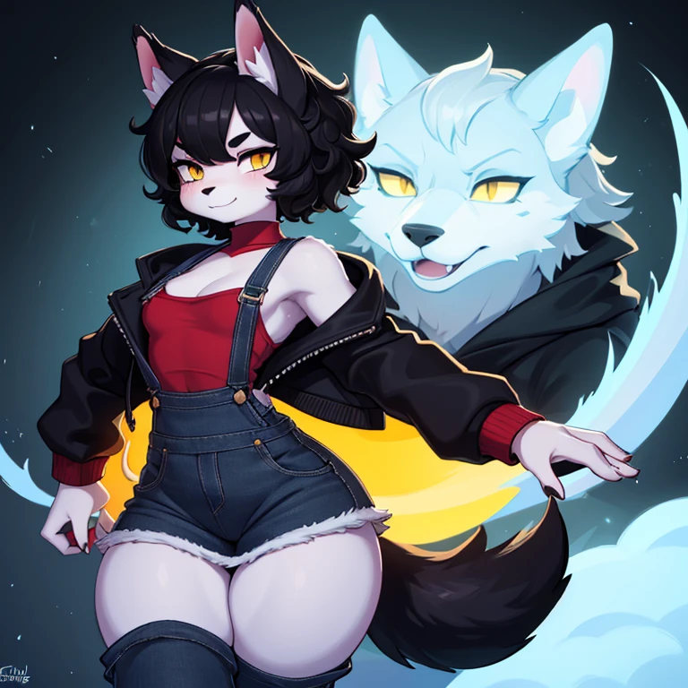 (masterpiece), (best quality), (high res) (solo), (perfect anatomy) (perfect face), wolf and sheep hybrid, (black hair), black wool) (curly short hair), fair skin, ambiguous gender, (1boy1girl), flat chest, wide hips, thick thighs, (yellow top), (light blue skirt overalls), yellow glowing in the dark eyes, happy, androgynous, (black jacket with red lights), red shirt, white pants, long eyebrows)