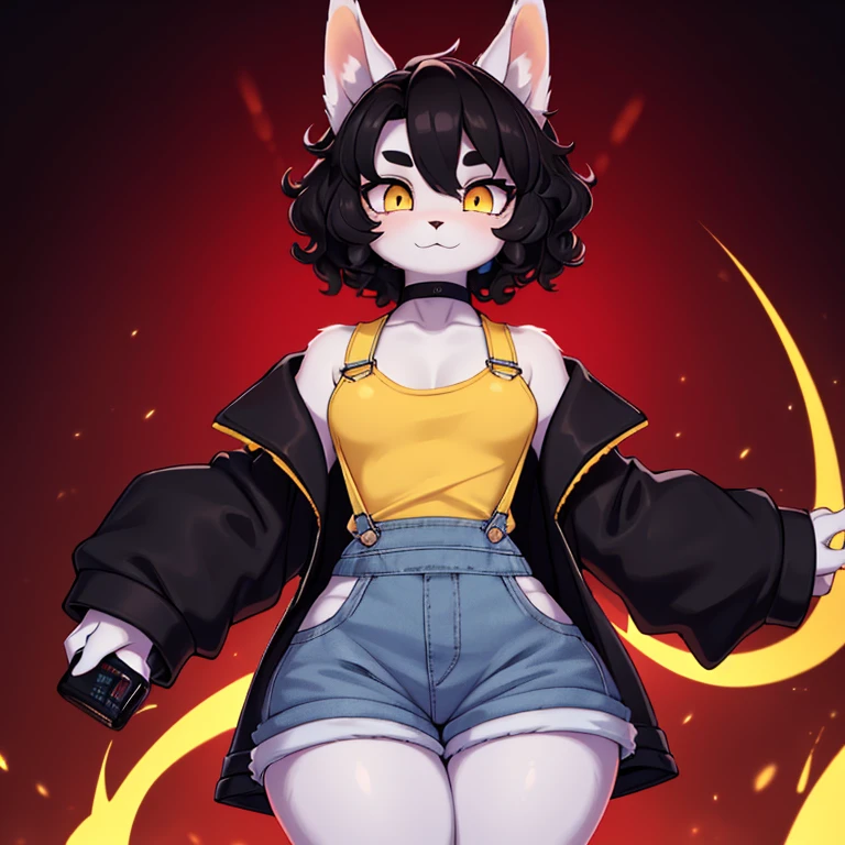 (masterpiece), (best quality), (high res) (solo), (perfect anatomy) (perfect face), wolf and sheep hybrid, (black hair), black wool) (curly short hair), fair skin, ambiguous gender, (1boy1girl), flat chest, wide hips, thick thighs, (yellow top), (light blue skirt overalls), yellow glowing in the dark eyes, happy, androgynous, (black jacket with red lights), red shirt, white pants, long eyebrows)