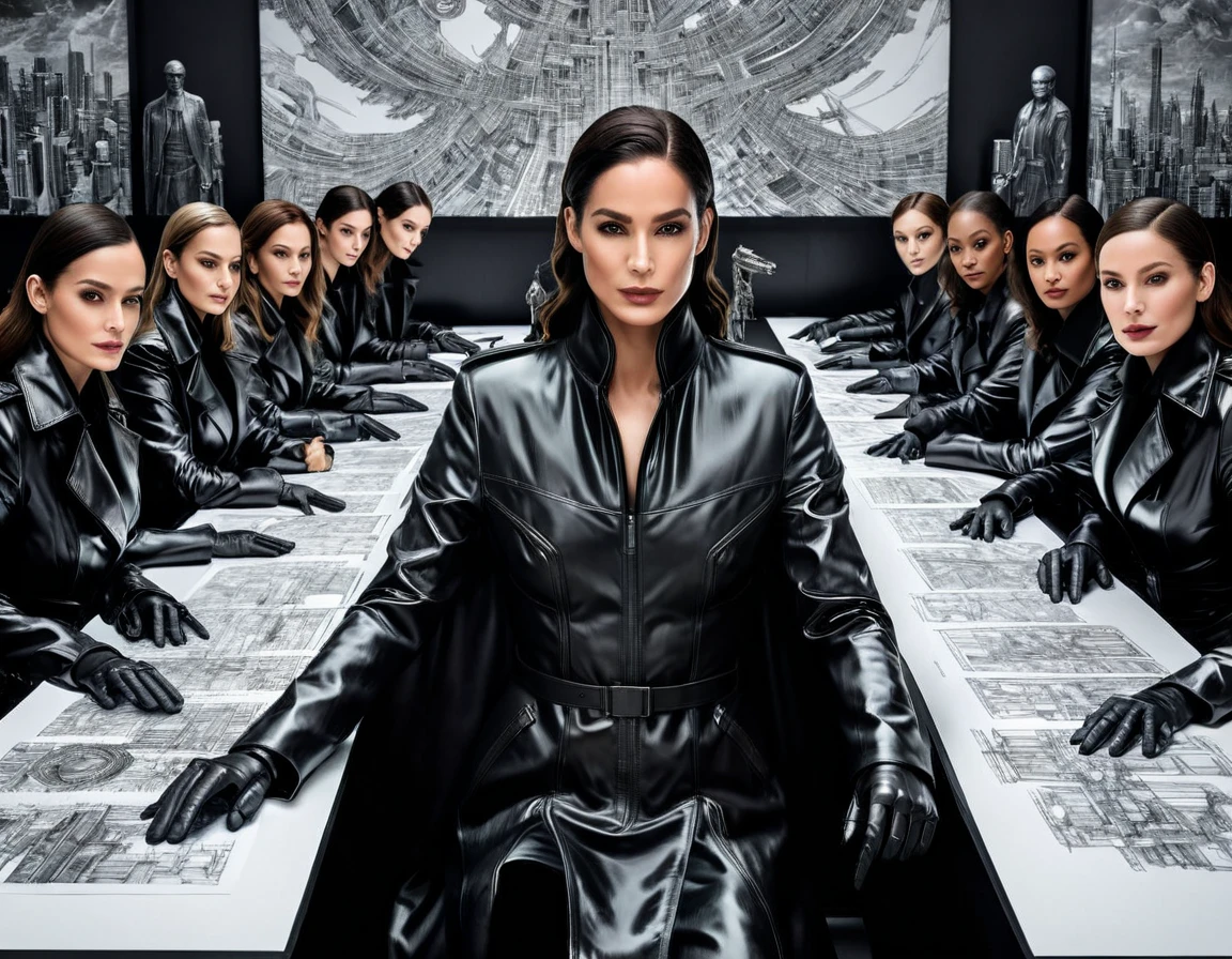 (On a sheet of paper placed on a large desk, Drawing large 4D figurines in stunning and breathtaking uhd ink style), Trinity, a group of ten sublime women in high detailed Black trench coat, matrix style, futuristic city center,  fully detailed, high quality, high resolution, proportions parfaites, masterpiece, hyperRéaliste, masterpiece, superior quality, high resolution, Extremely detailed faces, highly detailed 8K wallpaper, détails fractales