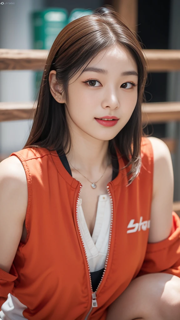 Highly detailed CG unity 8k wallpaper, of the highest quality, Super detailed, masutepiece, Realistic, photographrealistic, extremely detailed cute girl, 25yo, cleavage , (perspired) , Round eyes, peeping at the viewer, Blush, Smile, parted lip, Semi-body shot , Realistic、track suit、Realistic reproduction with vests , Panties , Squat, sports gym