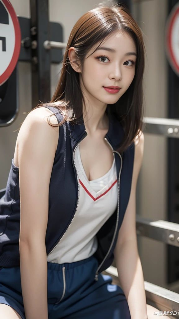 Highly detailed CG unity 8k wallpaper, of the highest quality, Super detailed, masutepiece, Realistic, photographrealistic, extremely detailed cute girl, 25yo, cleavage , (perspired) ,  Round eyes, peeping at the viewer,  Blush, Smile, parted lip, Semi-body shot , Realistic、track suit、Realistic reproduction with vests ,  Panties , Squat, sports gym