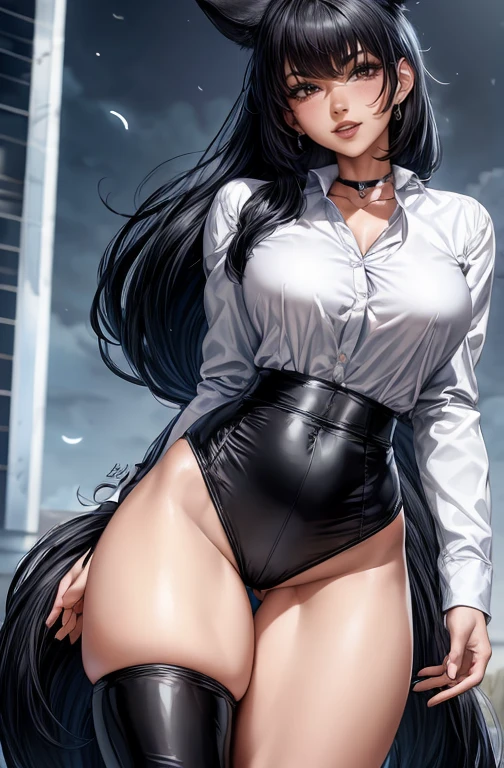 (strong and bright eyes)beautiful, beautiful woman, perfect anatomy, perfect body, (full body 1:1), perfect thighs, perfect legs, , choker:1.6, captivating look, slight smile, realism, Masterpiece, view from behind, White skin , super detailed, high detail, high quality, 最high quality, 1080P, 16k, realist, 1 girl, (black fur, wide), shiny black leggings, Chapped lips, blush, alley, evening, (white long sleeve collared shirt:1.4), shy