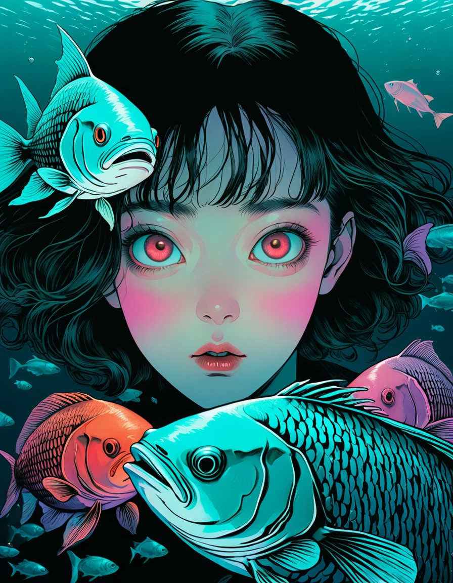 illust、art、from 80s horror movie, directed by Junji Ito、deep sea fish、high detail, realsitic shadow、Analog style, chromatic aberration,Complementary color gradient、Surrealism