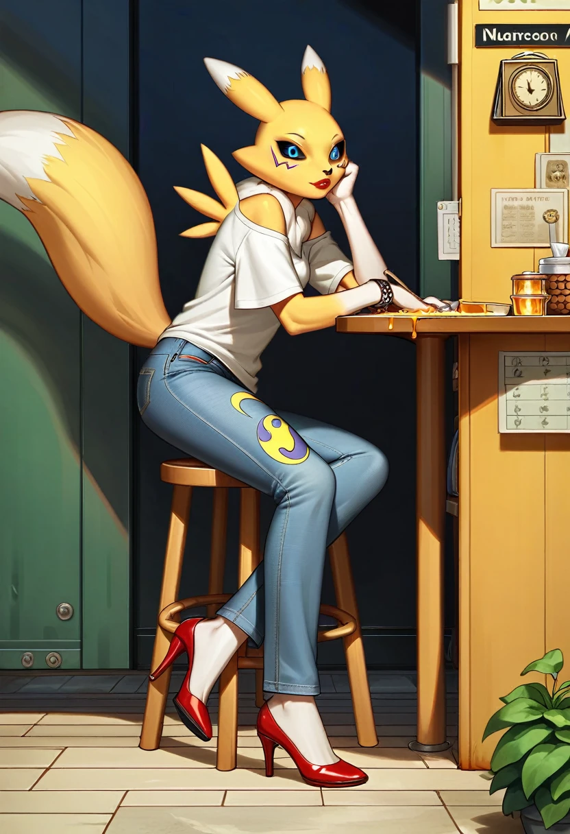 Fraction_9, Fraction_8_Direction_7_Direction_6_Direction_5_Direction_4_up, rest, src_Japanese cartoons, Endless, Official Art, masterpiece, 1 Girl, renamon (Digimon), anthropology, Lovely, , very younger, young, , Uncensored, Oversized T-shirt, big jeans,Red high heels,Red lipstick, Sexy, Honey, prostitute, Dagasi, Blink