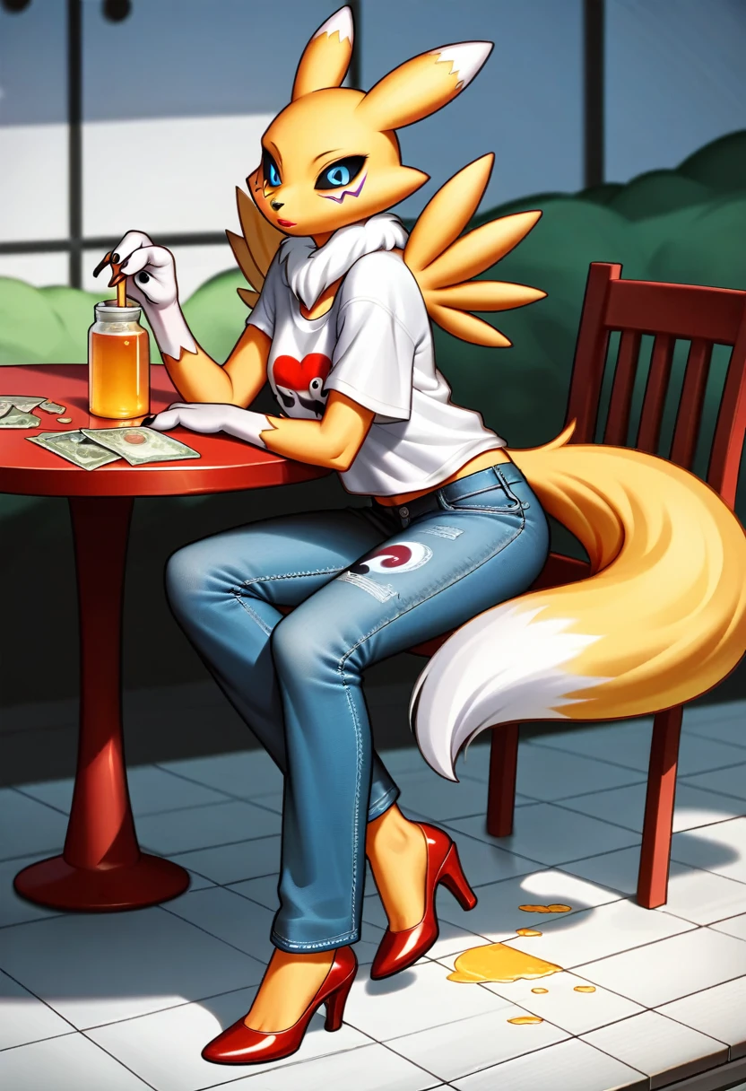 Fraction_9, Fraction_8_Direction_7_Direction_6_Direction_5_Direction_4_up, rest, src_Japanese cartoons, Endless, Official Art, masterpiece, 1 Girl, renamon (Digimon), anthropology, Lovely, , very younger, young, , Uncensored, Oversized T-shirt, big jeans,Red high heels,Red lipstick, Sexy, Honey, prostitute, Dagasi, Blink