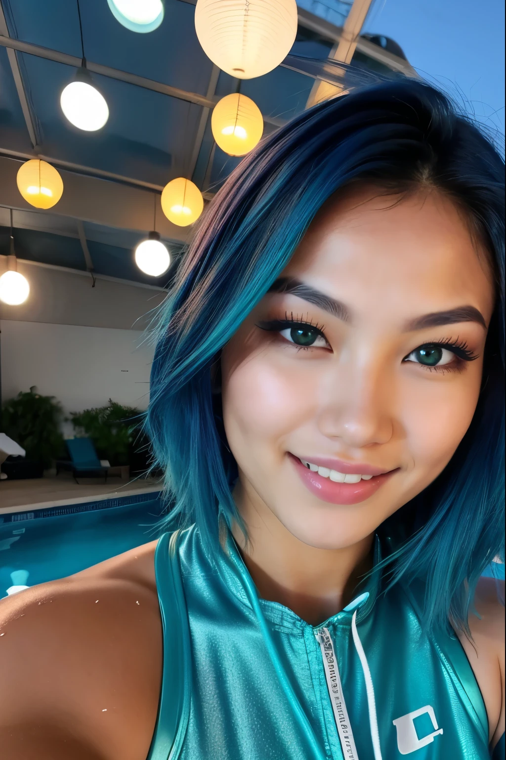 photo of (emikin:0.99), woman as a sexy TikTok influencer, cobalt hair, blue hair , teal hair , shoulder-length hair, woman with Asian features, 24-year-old, full body, 8k, sexy, arms down, hands do not appear in the photo, back walking towards the pool, wearing a sexy bikini, sunny day, model body, big ass, masterpiece, 8k, sexy, wet hair, pool background, outdoor