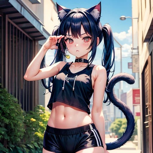 masterpiece,One Girl,alone ,Heart-shaped pupils,Open the front,hoodie,,  Eating curry rice　Dark blue hair girl, Cat ears and tail, Wearing a tank top and racing pants.　Loli body type　　Twin tails　　Flat Chest　Stern expression　