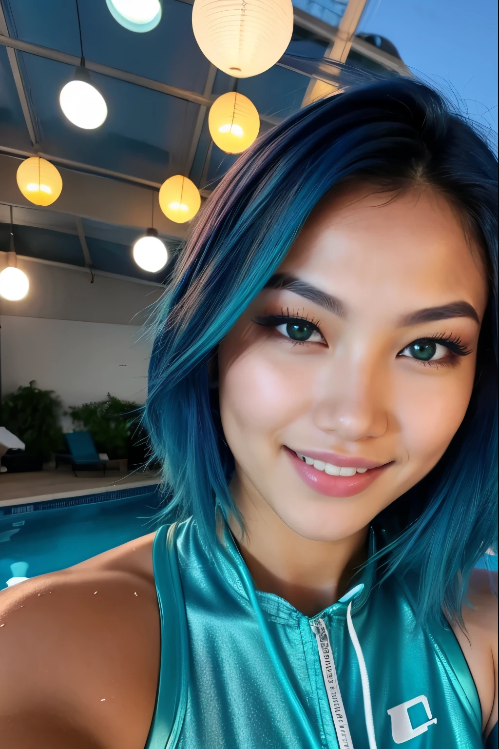 photo of (emikin:0.99), woman as a sexy TikTok influencer, cobalt hair, blue hair , teal hair , shoulder-length hair, woman with Asian features, 24-year-old, full body, 8k, sexy, arms down, hands do not appear in the photo, back walking towards the pool, wearing a sexy bikini, sunny day, model body, big ass, masterpiece, 8k, sexy, wet hair, pool background, outdoor