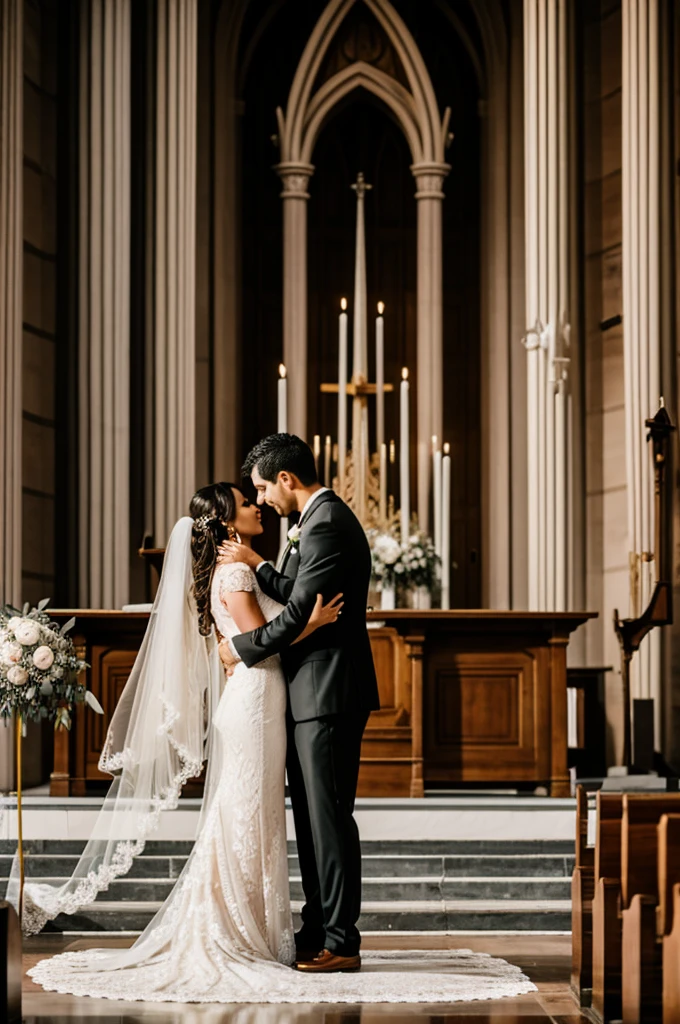 A couple at their wedding in front of the altar