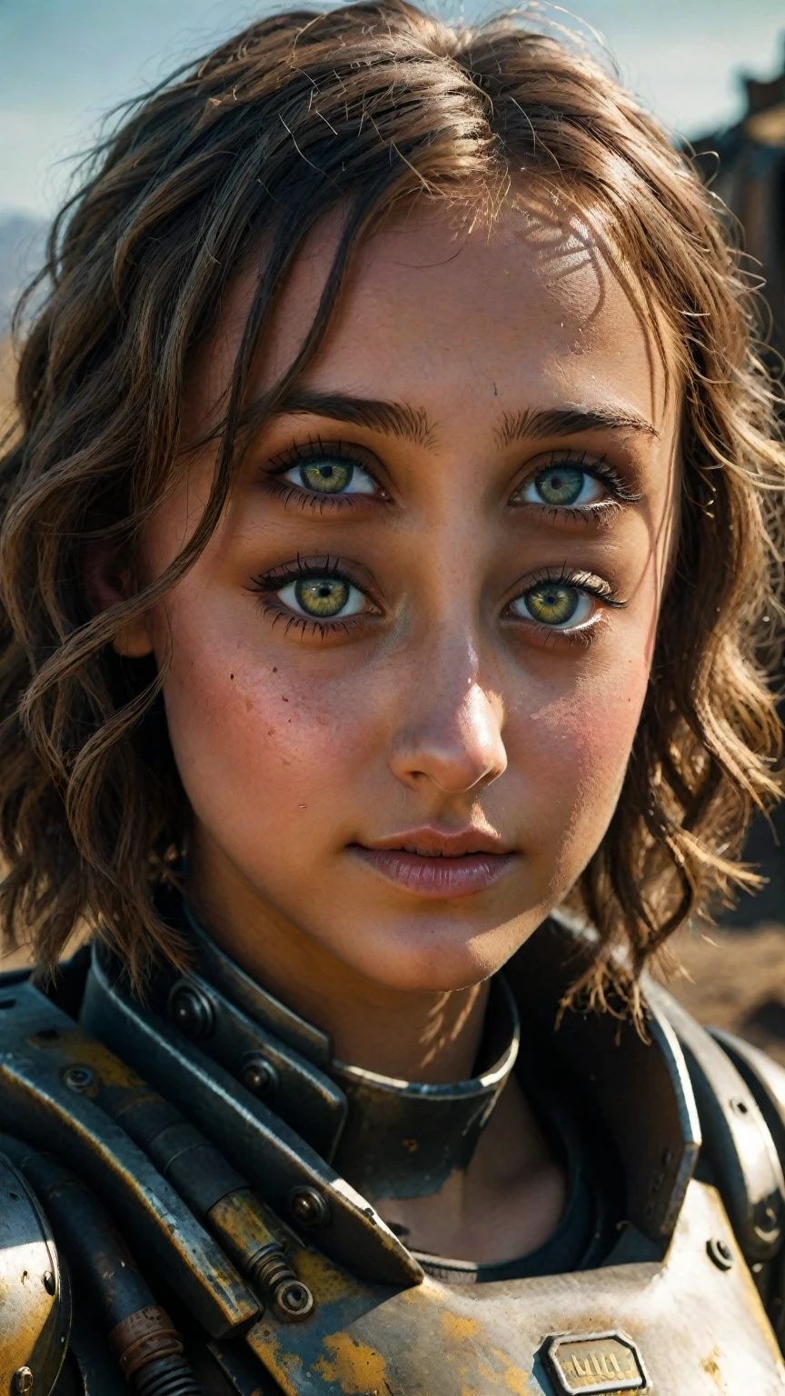 1girl, Ella Purnell, beautiful detailed eyes, beautiful detailed lips, extremely detailed face and portrait, longeyelashes, smiling, Fallout power armor, post-apocalyptic wasteland, highly detailed, photorealistic, cinematic lighting, dynamic pose, dramatic angle, complex background, vibrant colors, gritty atmosphere, hyper-detailed, ambient occlusion, volumetric lighting