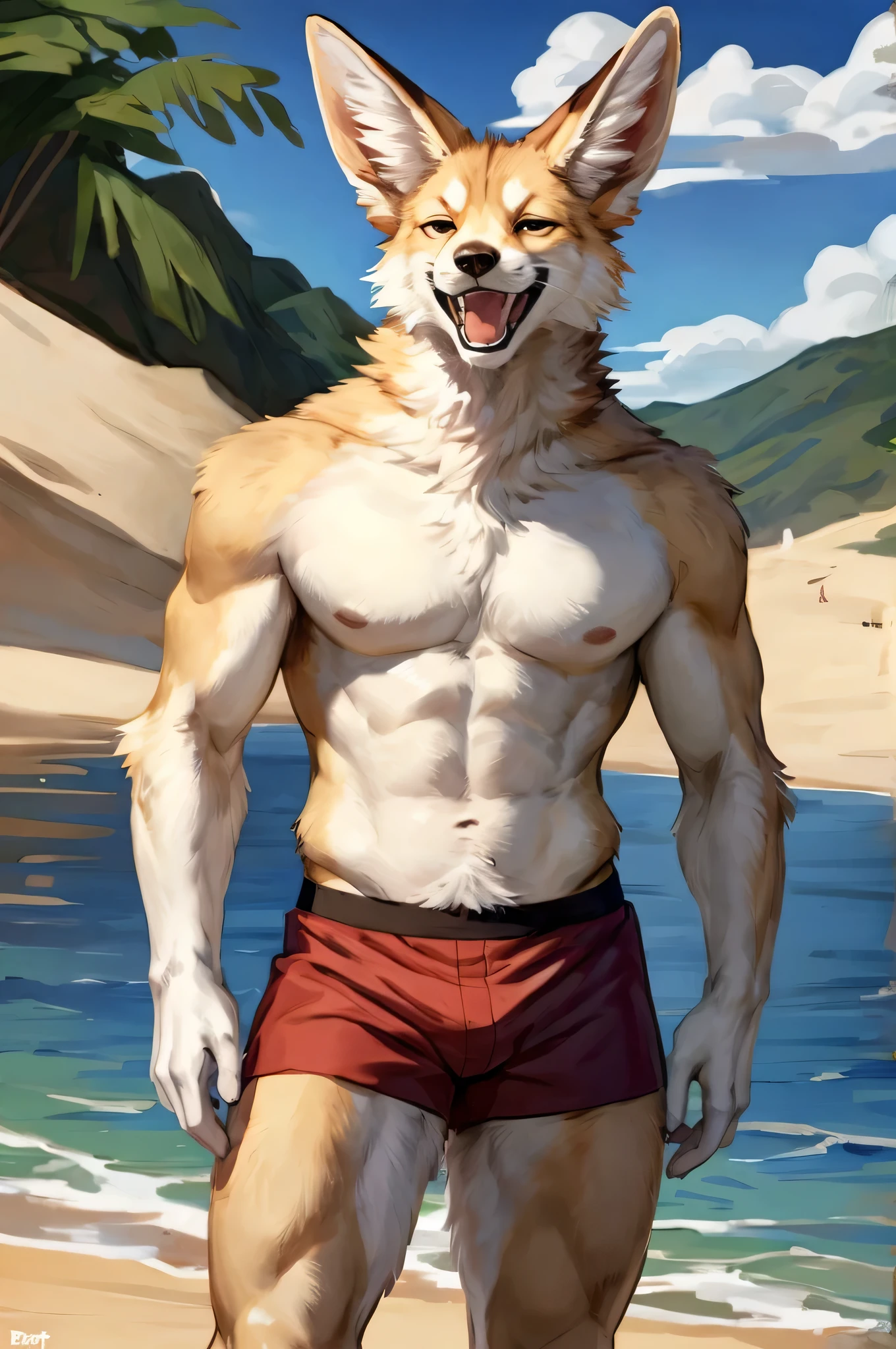 (solo, furry, anthro, hyper realistic, realistic fur), male, front view, muscular body, Fennec, smug, smirk, laughing, wide open mouth, wearing ((dark red)) boxer shorts, hands behind back, standing, beach, blurred background, by bebebebebe:1.2, by buta99,by foxovh, by ruan jia