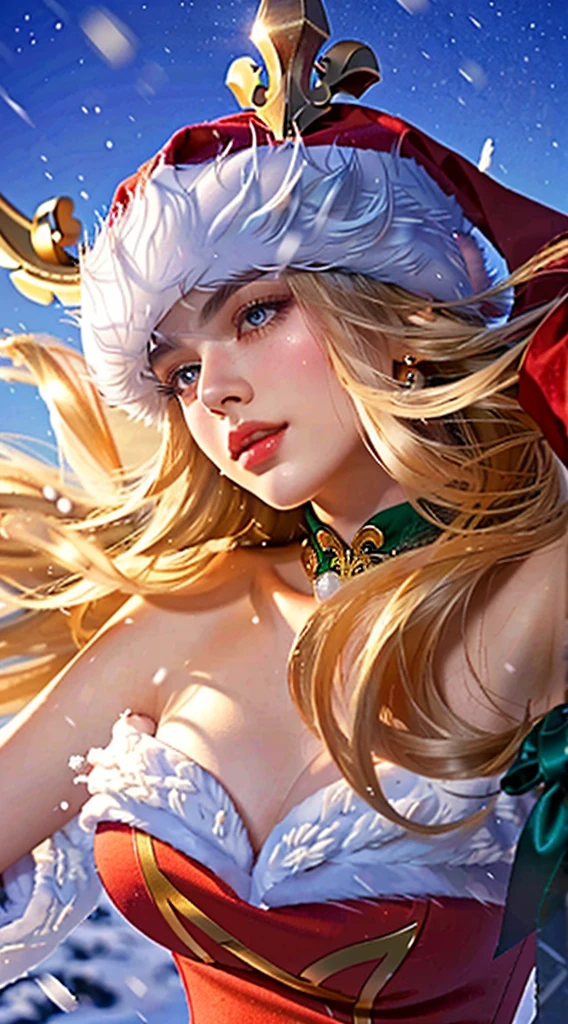a close up of a woman in a santa hat holding a sword, detailed face, detailed eyes, detailed lips, long eyelashes, beautiful woman, elegant, graceful, detailed jewelry, ornate sword, winter background, snow, snowflakes, warm lighting, cinematic, photorealistic, highly detailed, 8k, best quality, masterpiece