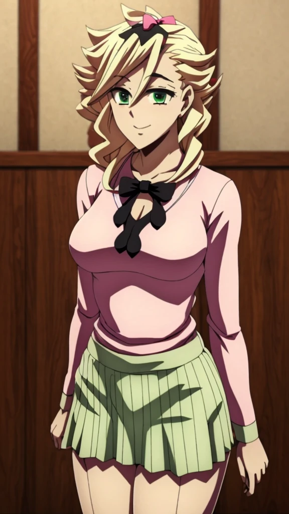 In anime A  demon girl Sexy young beautiful attractive beautiful popular yellow hair long curly menchon forehead pink bow her green eye dresses white blouse tied knot put on green bow chest shows navel curve wide sexy and her green skirt short black heel 