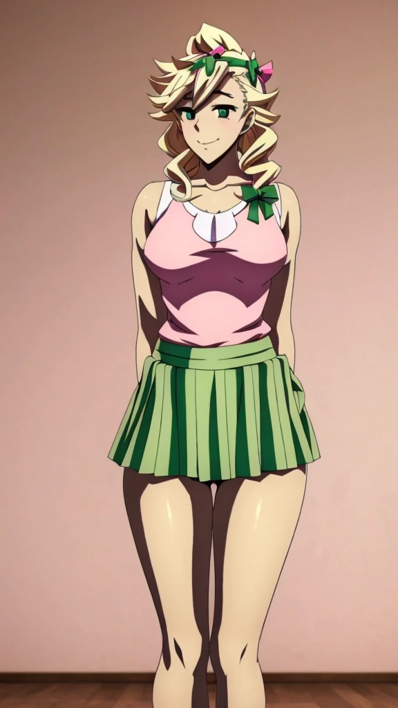 In anime A  demon girl Sexy young beautiful attractive beautiful popular yellow hair long curly menchon forehead pink bow her green eye dresses white blouse tied knot put on green bow chest shows navel curve wide sexy and her green skirt short black heel 