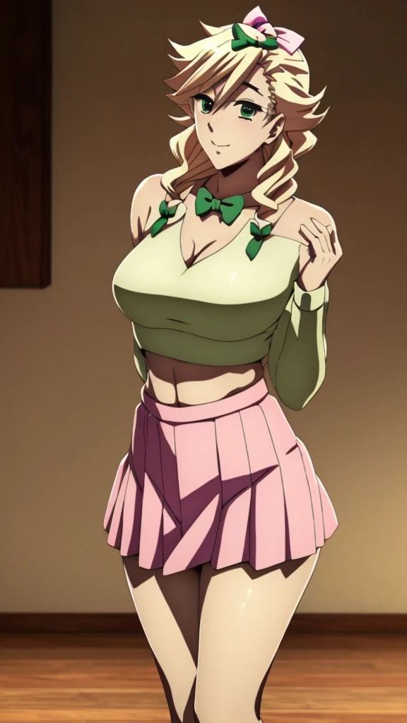 In anime A  demon girl Sexy young beautiful attractive beautiful popular yellow hair long curly menchon forehead pink bow her green eye dresses white blouse tied knot put on green bow chest shows navel curve wide sexy and her green skirt short black heel 