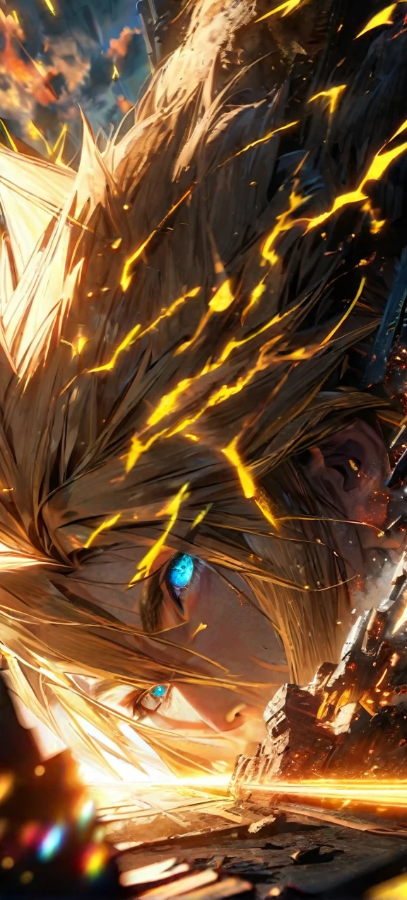 Symetrical,absurdres, highres, ultra detailed, HDR, masterpiece, extremely detailed face and eyes, Cloud Strife,final fantasy 7, yellow hair , , solo, man, handsome, ,, , Epic fight scene, yellow lightning effect, glowing glitters