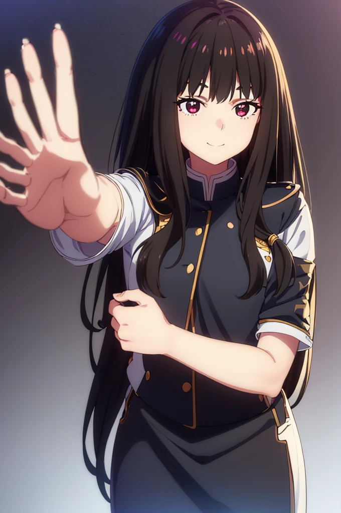 long hair,Black Hair,Sharp bangs,Licorice uniform,Looking this way,smile, Highest quality, High resolution, unity 8k wallpaper, (figure:0.8), (Beautiful attention to detail:1.6), Highly detailed face, Perfect lighting, Highly detailed CG, (Perfect hands, Perfect Anatomy),