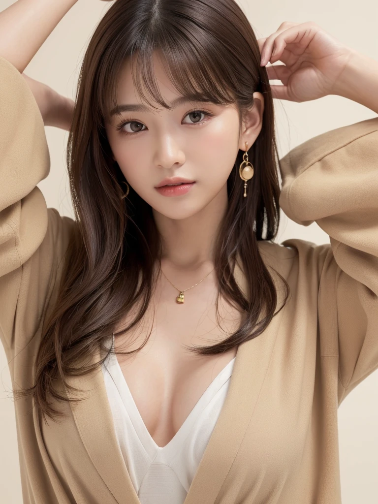 ((Highest quality, 8K, masterpiece:1.3)), concentrate: 1.2, Perfect body beauty: 1.4, Hips: 1.2, ((Long Hair, chest: 1.2)), (Dry clothes: 1.1) , (clear, Simple Background:1.3), Simple clothes: 1.1, Highly detailed face and skin texture,Delicate eyes, double eyelid, Whitened skin, Rough skin、Long Hair、Earrings with bangs、necklace、 solo、Beige coat、White shirt, (((Beautiful girl with cute Japan)))、 ((Beautiful Japanese girl 20 years old))、 ((Baby Face))、 (((Slender body)))、 Upper Body,Face focus、necklace,Simple Background,From above, Realistic Hair、 A photograph was taken:Canon EOS R6、135mm、1/1250 seconds、f2.8、ISO400、(Detailed explanation of the hand)、(Masseter muscle area)、(Exquisite CG)、Long Hair, loose and curly hair、Korean Hair、Long Hair明るいベージュ色、グラデーションハイライトグレージュのゆるふわLong Hairスタイル、