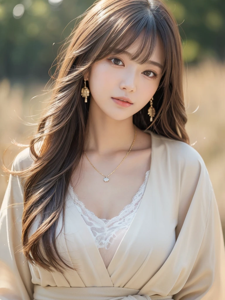  ((Highest quality, 8K, masterpiece:1.3)), concentrate: 1.2, Perfect body beauty: 1.4, Hips: 1.2, ((Long Hair, chest: 1.2)), (Dry clothes: 1.1) , (clear, Simple Background:1.3), Simple clothes: 1.1, Highly detailed face and skin texture,Delicate eyes, double eyelid, Whitened skin, Rough skin、Long Hair、Earrings with bangs、necklace、 solo、Beige coat、White shirt,  (((Beautiful girl with cute Japan)))、  ((Beautiful Japanese girl 20 years old))、 ((Baby Face))、 (((Slender body)))、  Upper Body，Face focus、necklace，Simple Background，From above， Realistic Hair、 A photograph was taken:Canon EOS R6、135mm、1/1250 seconds、f2.8、ISO400、(Detailed explanation of the hand)、(Masseter muscle area)、(Exquisite CG)、Long Hair, loose and curly hair、Korean Hair、Long Hair明るいベージュ色、グラデーションハイライトグレージュのゆるふわLong Hairスタイル、