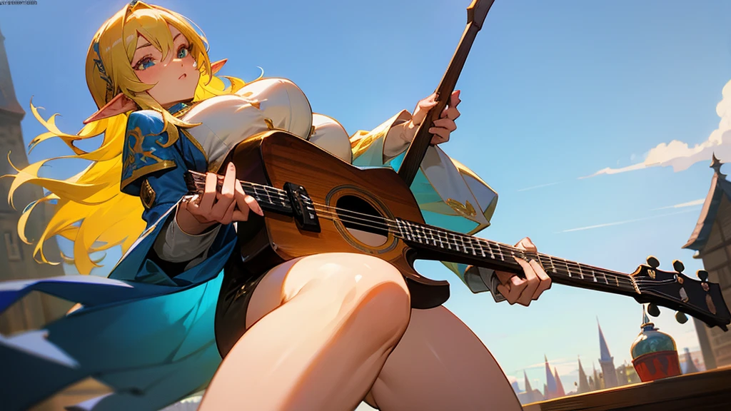 Anime Style,Nostalgic,Detailed background,The medieval world,A lively bar with lots of people,Beautiful sky,Beautiful Elf Bard,guitar,Large Breasts,Healthy thighs