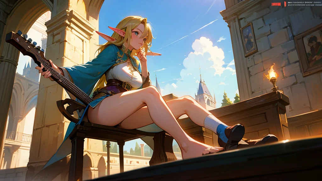 Anime Style,Nostalgic,Detailed background,The medieval world,A lively bar with lots of people,Beautiful sky,Beautiful Elf Bard,guitar,Large Breasts,Healthy thighs