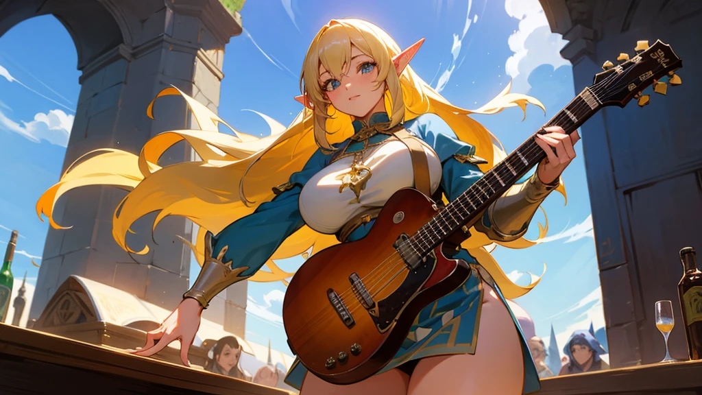 Anime Style,Nostalgic,Detailed background,The medieval world,A lively bar with lots of people,Beautiful sky,Beautiful Elf Bard,guitar,Large Breasts,Healthy thighs