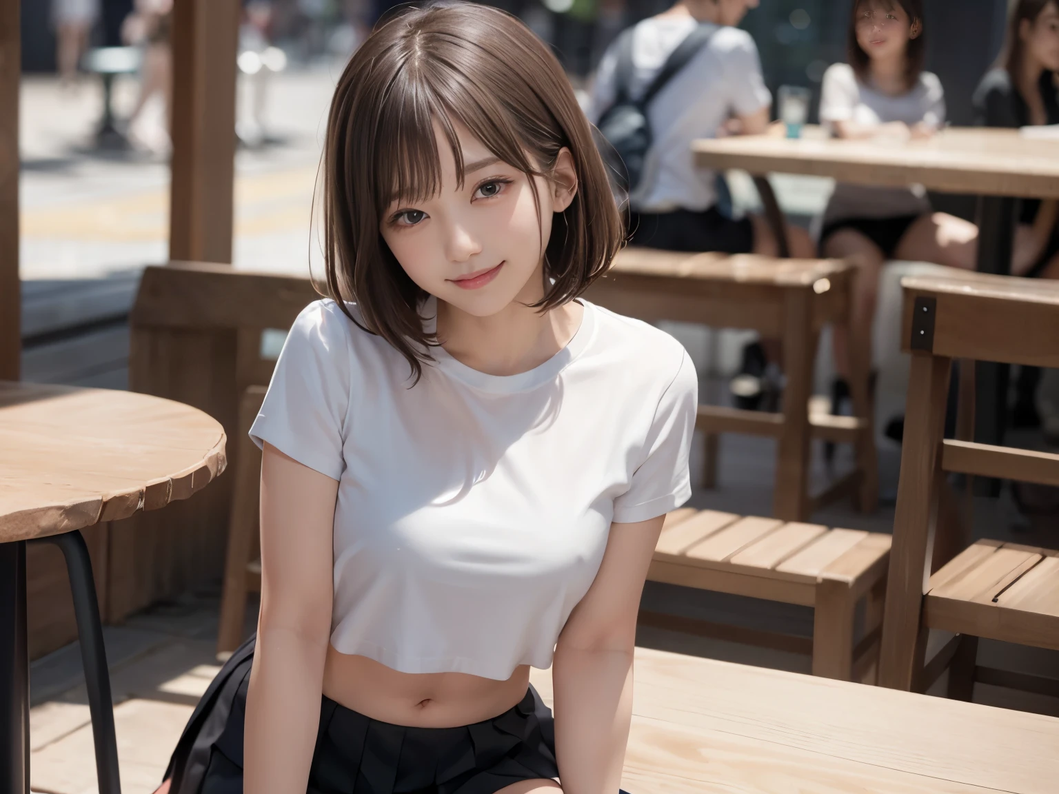 (8K, RAW Photos:1.2), Detailed face and eyes,最high quality, Ultra-high resolution, Very detailed ,Intricate details ,Tabletop ,pretty girl ,Round eyes、 Soft cinematic light, Hyper Detail,Sharp focus, high quality, Brown Hair,((Bobcut))、(Straight bangs)、amusement park、 ((Mini T-shirt))、(Pleated skirt)、”dwarf”、(Full Body Shot)、Waist、(I can see your thighs)、Cowboy Shot、 smile、I can see your belly button、