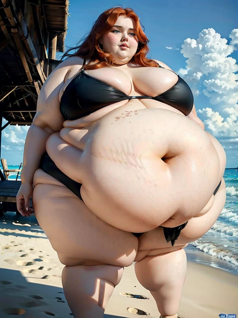 The most beautiful very obese young obese ussbbw fat redhead woman with long rich curly natural ginger hair, natural beautiful cute face, blue eyes, freckles on face and body, busty obese ussbbw fat feminine body, huge fat obese bloated soft belly, very wide hips and large fat booty, fat arms, thicc fat wide obese legs in a tight black bikini on the beach