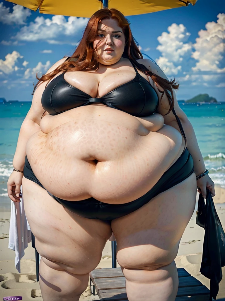 The most beautiful very obese young obese ussbbw fat redhead woman with long rich curly natural ginger hair, natural beautiful cute face, blue eyes, freckles on face and body, busty obese ussbbw fat feminine body, huge fat obese bloated soft belly, very wide  and large fat booty, fat arms, thicc fat wide obese legs in a tight black  on the beach