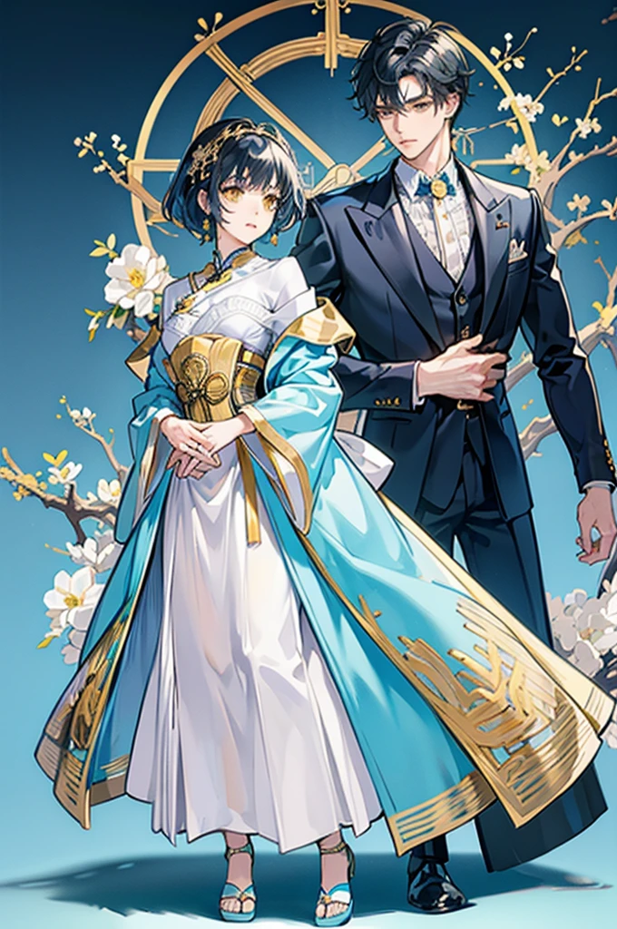 short messy black hair, bedroom soft yellow eyes, fancy light blue and white Japanese style suit, gold corset, small waist, gold earrings, hands behind back, proper pose, full body view, masculine male, standing alone