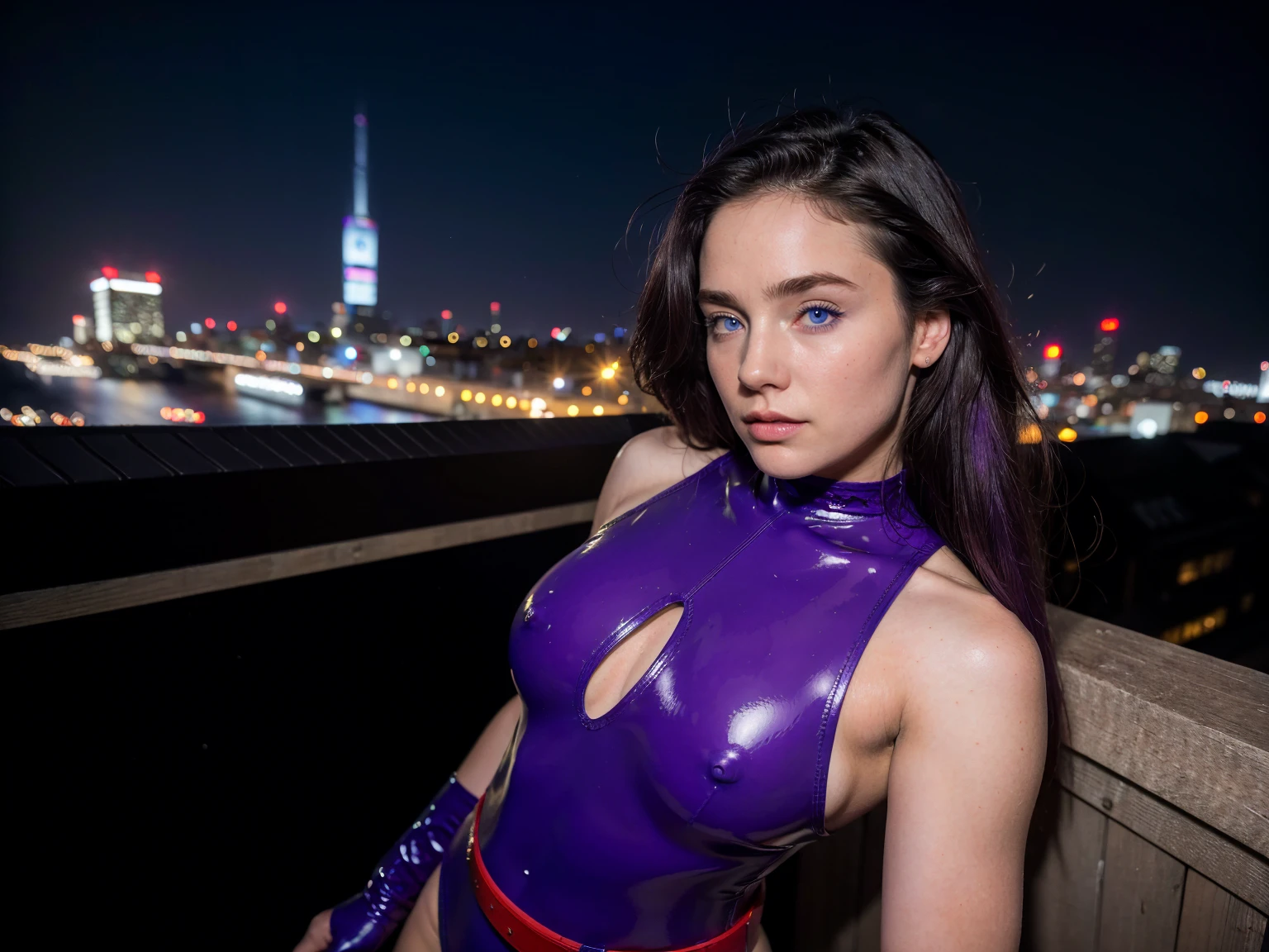 (masterpiece), (solo character), (best quality), (young woman), (epiCRealLife), (European model), (JenniferConnelly90s), (photorealistic:1.4), (Psylocke latex costume), (Psylocke leotard expose shoulder), (purple hair), (blue eyes), (Psylocke hairstyle), (gloves), (elbow gloves), (red belt), (bare shoulder), (large breast), (photoshoot), (at night time), (night city view), (at night), (city rooftop), (look at viewers), (from front), (standing), (closed portrait), (focus on body), (flash photography), (focus on upper body), (close up)