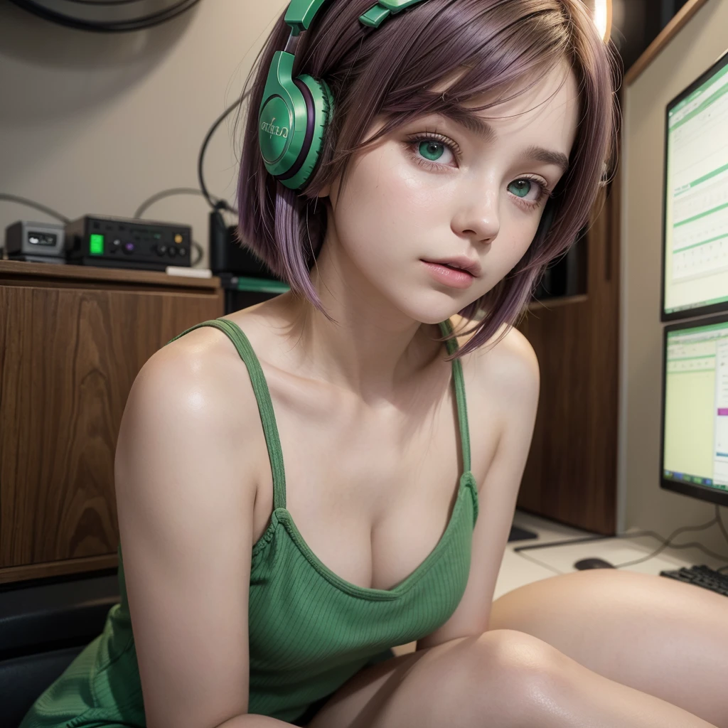  a girl with short hair, fringe,brown hair and lilac locks, White skin, green eyes, sitting in a voice recording studio with headphones