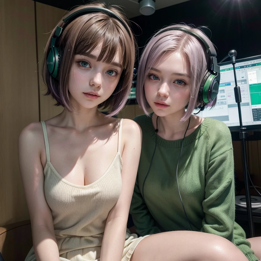 a girl with short hair, fringe,brown hair and lilac locks, White skin, green eyes, sitting in a voice recording studio with headphones