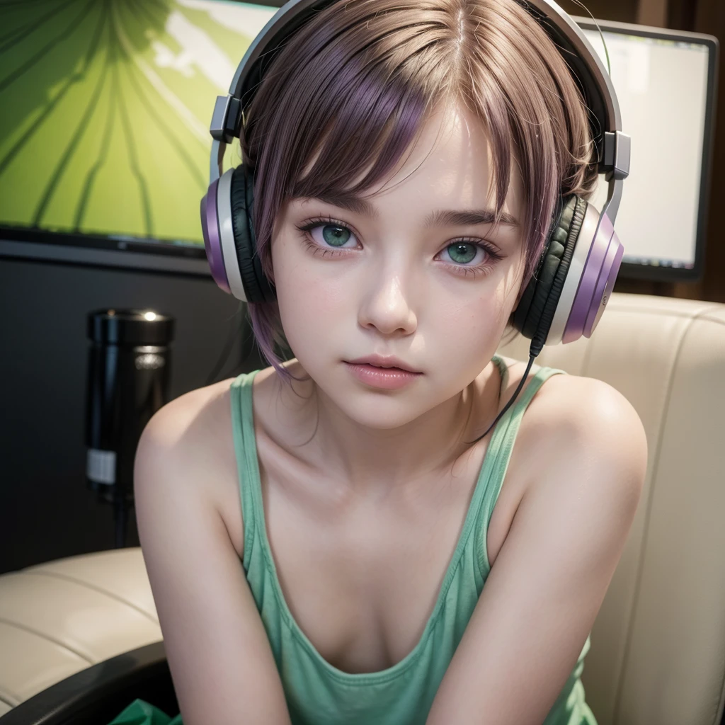  a girl with short hair, fringe,brown hair and lilac locks, White skin, green eyes, sitting in a voice recording studio with headphones