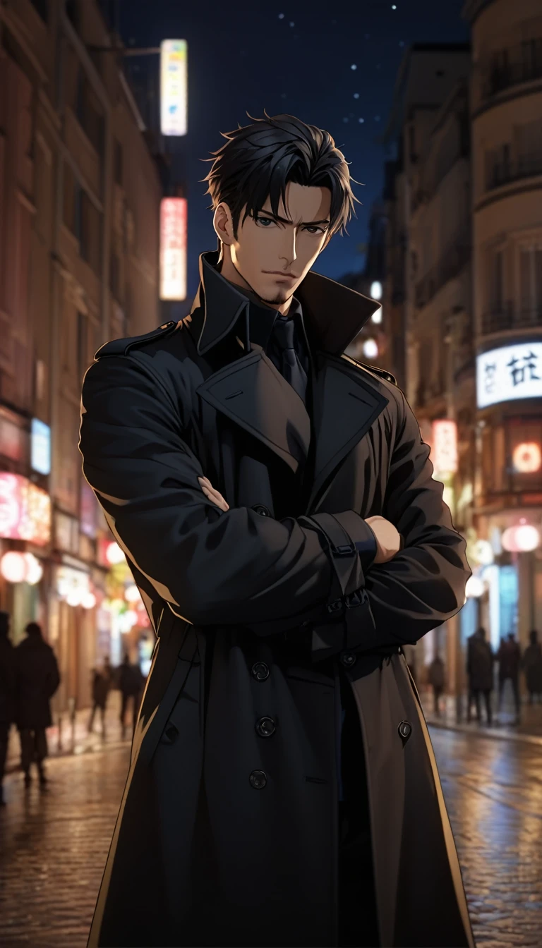 A closeup of a 29 year old man, Black Trench Coat, looking at the viewer, (Alone), crossed arms, full body shot, on a night street in the background, anime screencap, Masterpiece, The best quality, high detail