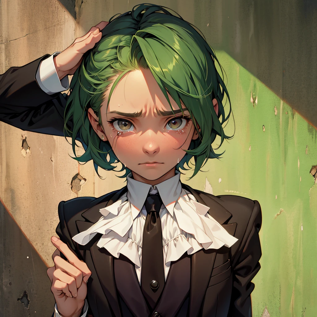 A 13 year old , a female, woman, feminine, a girl, a girl, just a person, only a person, , fragile body, guilty face, worried face, crying face, small and fragile body, green hair small, short hair, brown eyes, medieval period, wearing a suit, black suit, tuxedo, wearing a black tuxedo, medieval background, Ultra HD 4k, 4k, Ultra HD