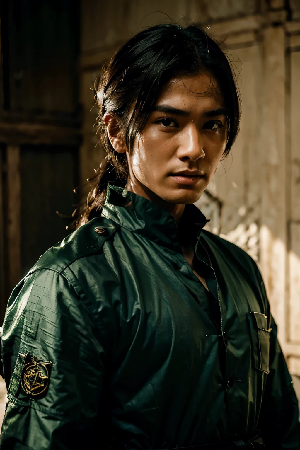 ULTRA DETAILED MAN SHOW HIS ABILITY DURING WAR, THE FACE SHOWN UP AND THE DETAILED IS VERY ULTRA, SEMI FANTASY, GREEN DARK ASIAN VIBES. KINGDOM WAR, FANTASY EFFECT