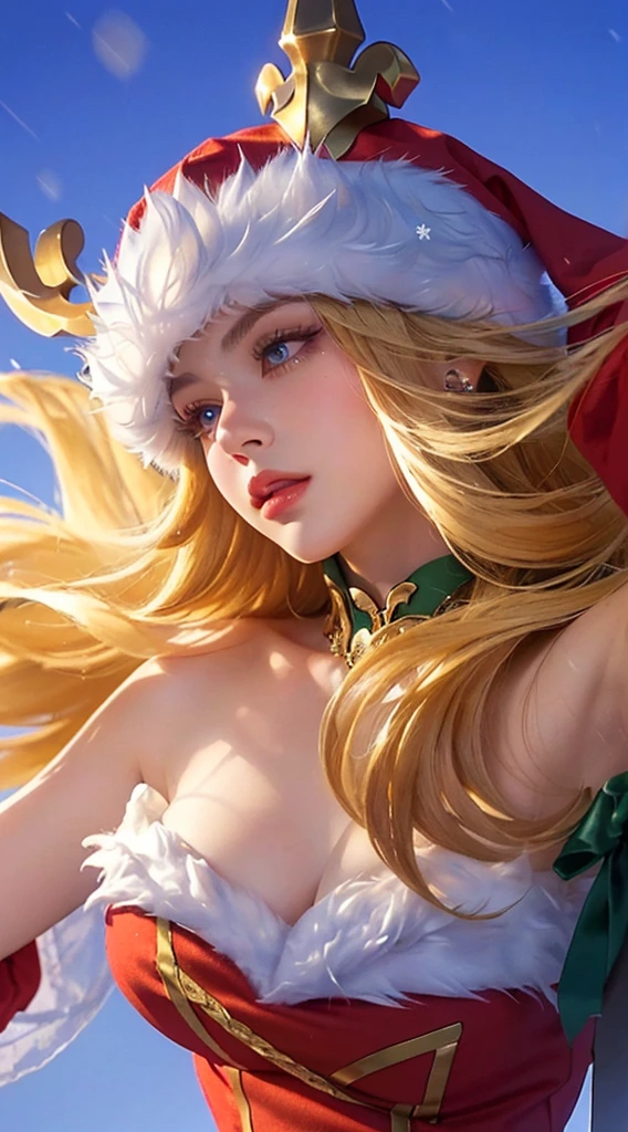a close up of a woman in a santa hat holding a sword, detailed face, detailed eyes, detailed lips, long eyelashes, beautiful woman, elegant, graceful, detailed jewelry, ornate sword, winter background, snow, snowflakes, warm lighting, cinematic, photorealistic, highly detailed, 8k, best quality, masterpiece
