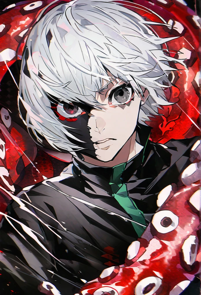 ```
Ken Kaneki, Tokyo Ghoul,black、hair, black outfit, half-ghoul, serious expression, red kakugan eye, kagune tentacles, detailed face, high quality

```