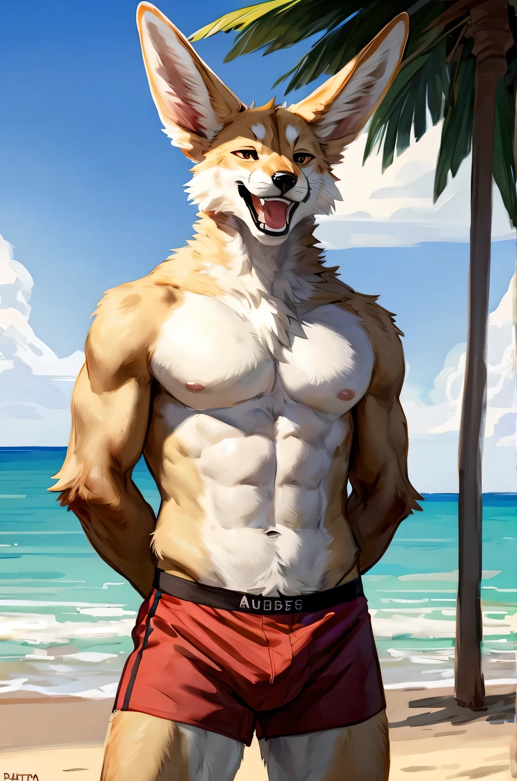 (solo, furry, anthro, hyper realistic, realistic fur), male, front view, muscular body, Fennec, smug, smirk, laughing, wide open mouth, wearing ((dark red)) boxer shorts, hands behind back, standing, beach, blurred background, by bebebebebe:1.2, by buta99,by foxovh, by ruan jia