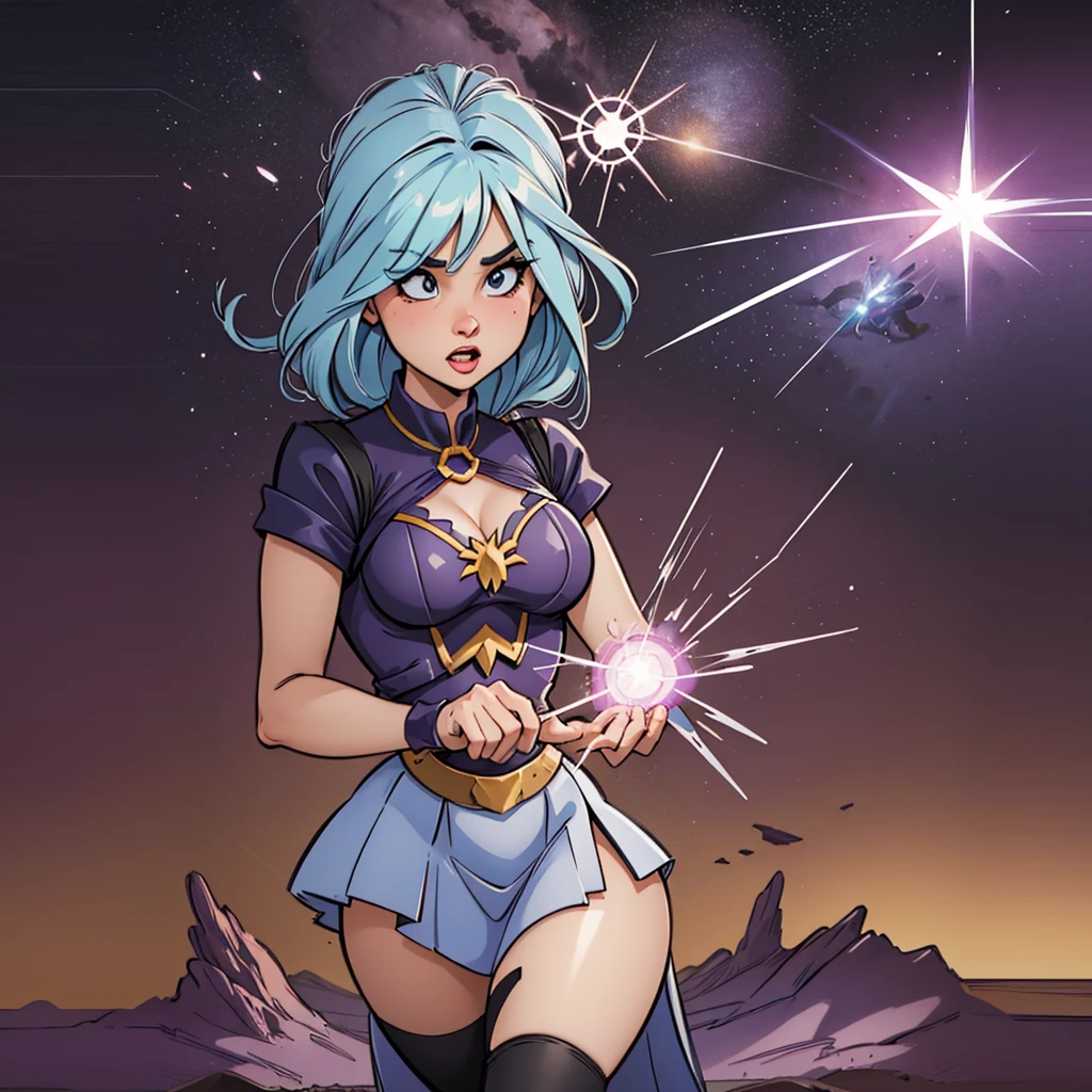 Cryptic girl is  casting a spell, wastelands, energy sparks up from the ground and connects to cryptic girl who is making mystic symbols and channeling energy blast