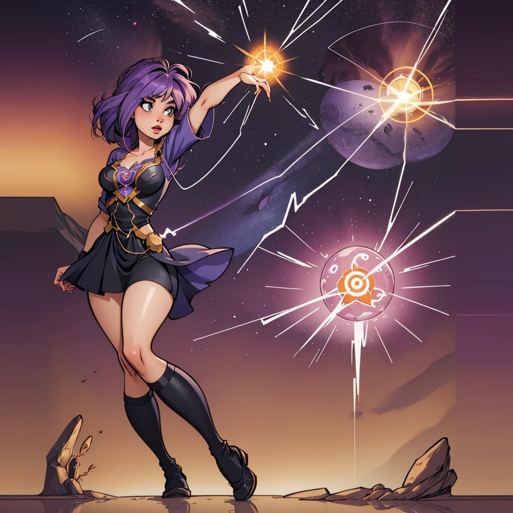 Cryptic girl is casting a spell, wastelands, energy sparks up from the ground and connects to cryptic girl who is making mystic symbols and channeling energy blast