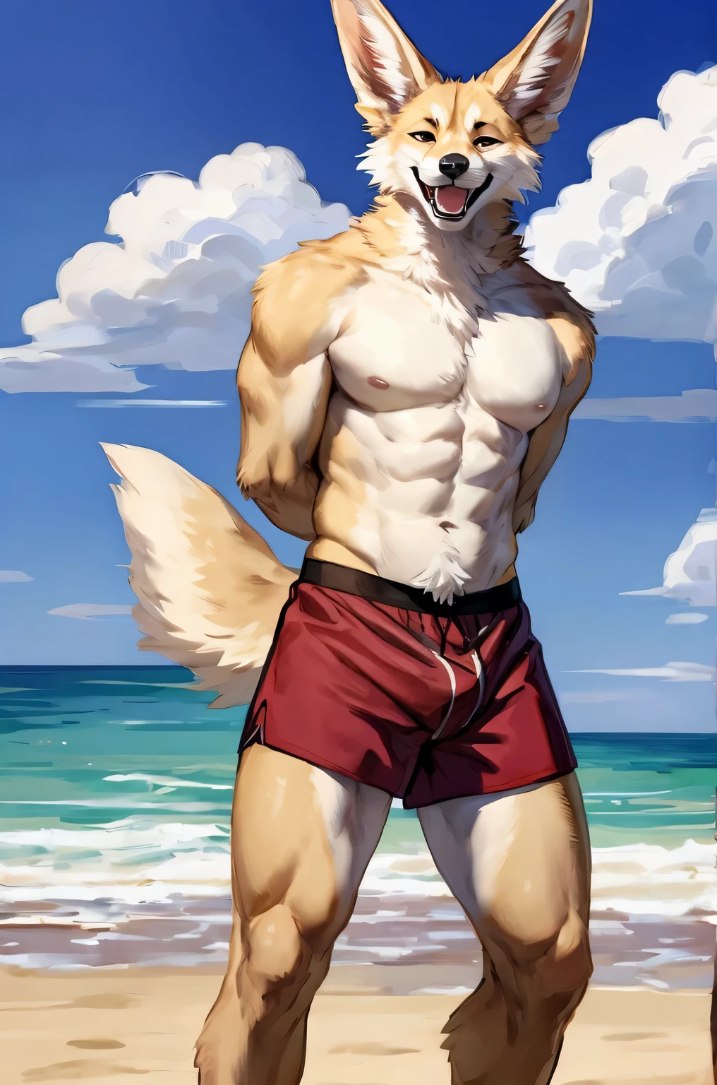 (solo, furry, anthro, hyper realistic, realistic fur), male, front view, muscular body, Fennec, smug, smirk, laughing, wide open mouth, wearing ((dark red)) boxer shorts, hands behind back, standing, beach, blurred background, by bebebebebe:1.2, by buta99,by foxovh, by ruan jia